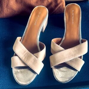 Ellie Tahari Beige Suede and Gold Low Heeled Criss Cross Mules